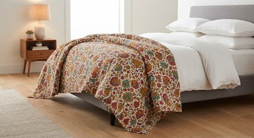 Heritage quilt draped on a modern bed